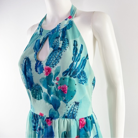 Modcloth Women's Sz L BLOGGER THE BETTER Floral Cactus Halter Dress Green/Pink - Picture 4 of 10